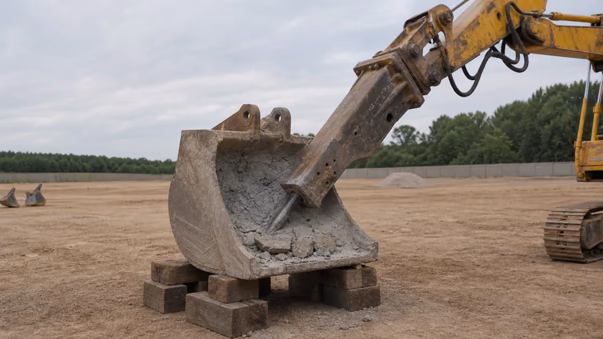 Hydraulic breaker fracturing hardened concrete inside a supported excavator bucket