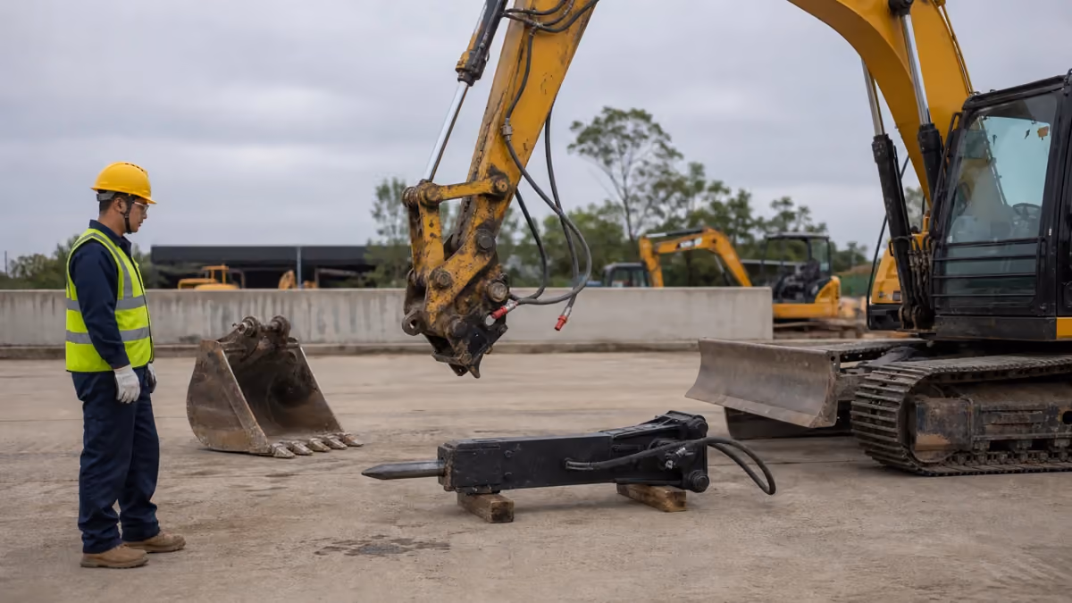 Excavator hydraulic breaker aligned for a controlled attachment change