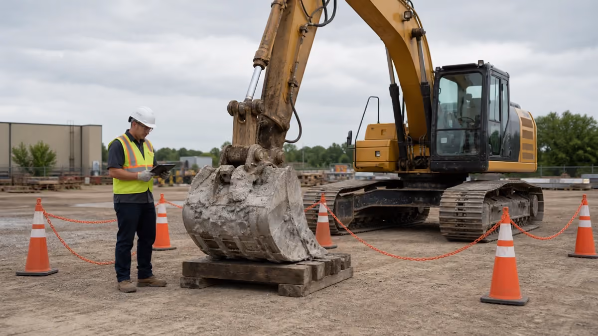 Excavator bucket packed with hardened concrete in a controlled work area